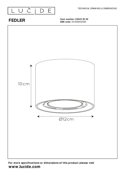 Lucide FEDLER - Ceiling spotlight - Ø 12 cm - LED Dim to warm - GU10 (ES111) - 1x12W 2200K/3000K - Black - technical